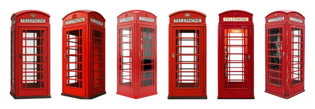 Red telephone booth set including different angles, pristine, and weathered conditions isolated. Iconic British urban communication.