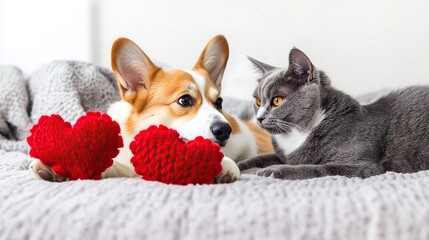 Corgi dog and gray cat lying on bed holding red heart plush toys, looking at each other with affection on white background, ultra-high-definition close-up with soft natural light