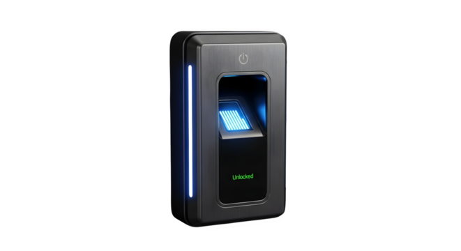 Biometric fingerprint scanner device isolated on transparent background used for security access control and identification, ensuring safety and protection