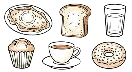 A collection of breakfast food items including fried eggs, toast, a muffin, a donut, coffee, and a glass of water.