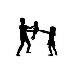 Silhouette of siblings fighting over a toy while parents mediate isolated on white background