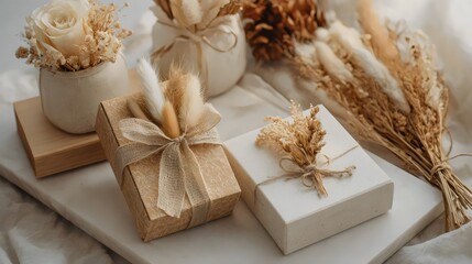 Elegant gift arrangement featuring neutral tones and dried floral accents.