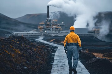 A worker walks away from a geothermal power plant emitting steam, signifying energy production and environmental impact.