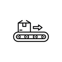 Conveyor belt icon. Simple outline style. Conveyor belt with box, manufacturing, production, warehouse, package, industry, factory concept. Thin line symbol. Isolated design.