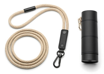 Durable rope lanyard and black cylindrical case with metal clasp on white background
