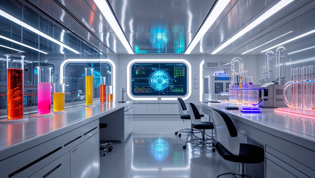 Futuristic High-Tech Laboratory with Digital Interface and Colorful Solutions