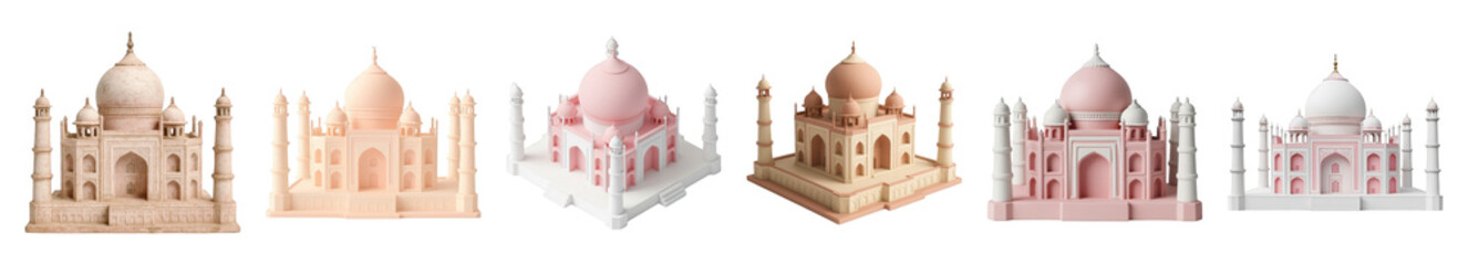 Taj Mahal model set including multiple colors and stylistic variations isolated. Indian architecture and travel concept.