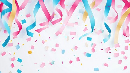 Colorful confetti in yellow, pink, and teal with vibrant streamers on white background, festive vector illustration design perfect for celebration or party banner decoration concept.