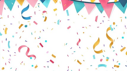 Colorful confetti in yellow, pink, and teal with vibrant streamers on white background, festive vector illustration design perfect for celebration or party banner decoration concept.