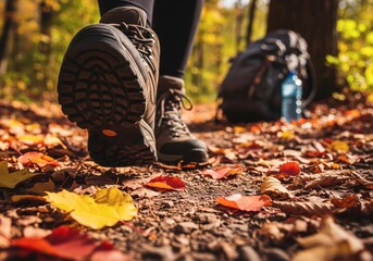 Hiker's Boots on a Leafy Autumn Trail