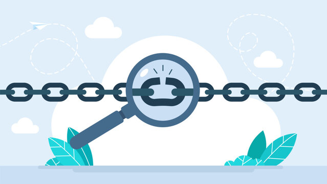 Link Tracking. Magnifying Glass Icons with Chain Link Symbol. 
Сoncept of lost control or  vulnerability. Broken chain links. Freedom concept. Broken metal chain with iron pieces.  Vector illustration