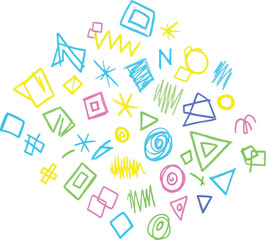 Colorful Geometric Shapes and Scribbles on White Background.