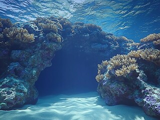 Aerial view from water&rsquo;s surface of large coral reef covered in diverse corals, surrounded by clear blue ocean with small fish swimming above, showcasing vibrant marine life.