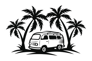 Retro Van and Palm Trees in Black and White on White Background