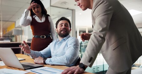 Laptop, team or business people with fail in office, financial loss or disappointed at night. Group, computer or workers with stress for bad news, investment crisis or negative feedback with deadline - Powered by Adobe