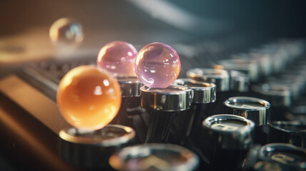 typewriter keys disintegrating into text bubbles on holographic display retro to modern communication illustration concept scene visual for commercial design use high detail quality stock image