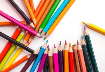 Fototapeta premium Colored pencils scattered artfully on white background, overlapping and angled, angle, colorful pencils