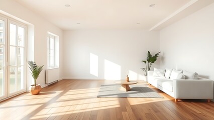 Obraz premium A minimalist living room featuring wooden floors and white walls bathed in natural light.
