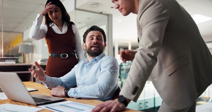 Laptop, team or business people with fail in office, financial loss or disappointed at night. Group, computer or workers with stress for bad news, investment crisis or negative feedback with deadline