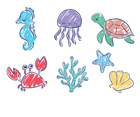 Hand Drawn Set of Cute Sea Animals Seahorse Jellyfish Turtle Crab Coral Starfish Seashell in Sketch Style on White Vector 