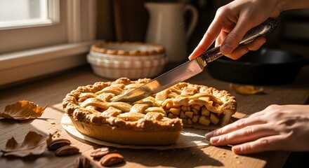 A person slicing a delicious apple pie on a wooden table.