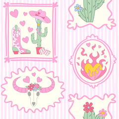 Cowgirl seamless pattern. Cowboy western theme, cactus, cow skull, cowboy boots, hat, flame heart and dice in girly pink frame. Hand-drawn cartoon print on a stripy pink background. Vector illustratio