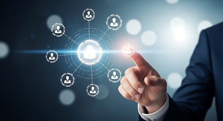 Man touching virtual interface representing social network and human resources connection on a futuristic blue background symbolizing business and technology