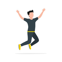 Fototapeta premium A cartoon illustration of a man jumping with arms raised, celebrating success.