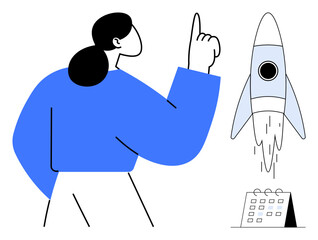 Confident woman pointing with finger at flying rocket near calendar. Ideal for startup, planning, innovation, goal setting, leadership, productivity, teamwork, simple flat metaphor