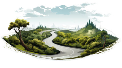 Road to the mountain scenic landscape path on white background