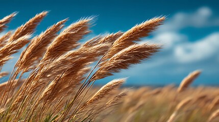 Closeup of pampas grass against a blue sky with soft clouds outdoor