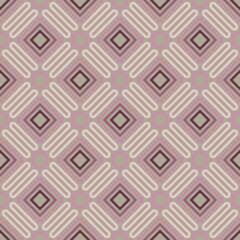 Fototapeta premium Retro geometric diamond pattern with pink flowers and leaves on a vintage seamless background for textile, fabric, and wallpaper design