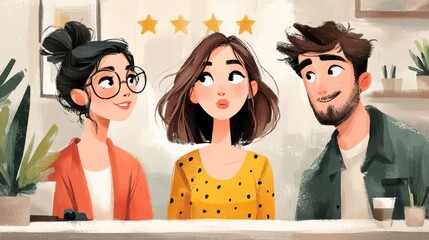 Three people in a supportive setting with warm and friendly expressions