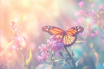 A monarch butterfly rests delicately on vibrant pink flowers in a sun-drenched meadow.