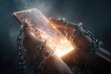 Hands chained holding a glowing smartphone symbolizing technology addiction and digital slavery in the modern world