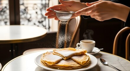 Naklejka premium Woman sifting powdered sugar over a stack of thin, golden-brown crepes on a white plate in a Parisian cafe.