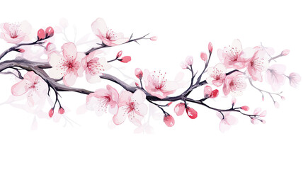 Pink cherry tree blossom illustration on white background