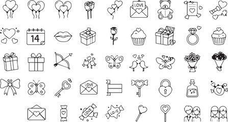 Valentine's Day icons set, cute hand-drawn love symbols for greeting cards, invitations, and romantic designs, vector elements for festive mood