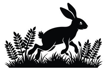 Running Hare Amidst Vegetation Vector, Silhouette Isolated on White Background Design