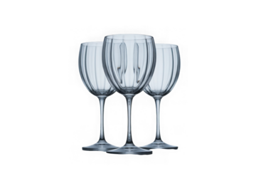 Four elegant crystal wine glasses arranged in a row isolated on transparent background
