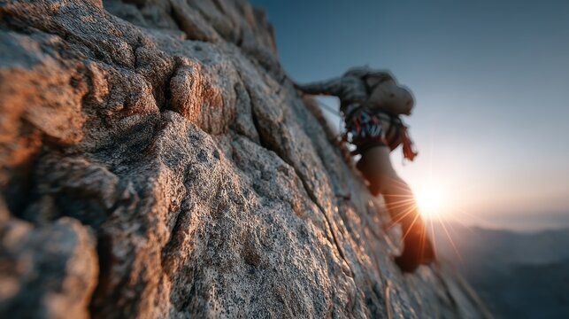 Climber scaling a rugged cliff during a stunning sunrise, symbolizing achievement