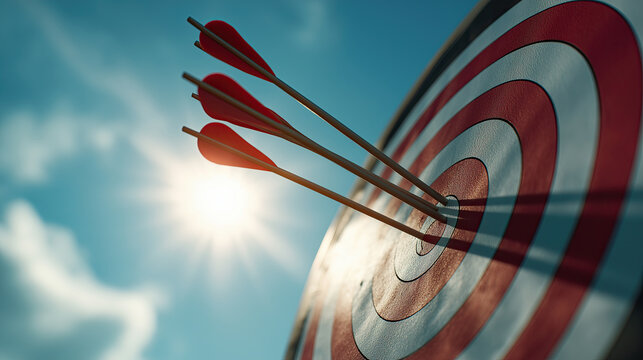 Three red arrow hitting archery target bullseye in sunlight, close up view with shadow and blue sky creating focused triumphant mood