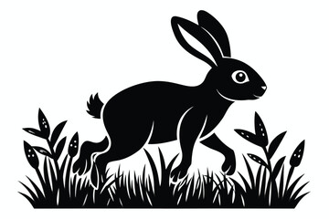 Running Hare Silhouette Wild Rabbit, Grass and Leaves, White Background