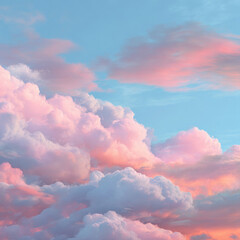 Fototapeta premium A breathtaking view of fluffy, pastel-colored clouds illuminated by the soft glow of sunset, creating a serene atmosphere that evokes feelings of tranquility and wonder