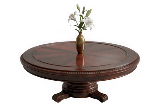 Antique wooden round table with ornate brass pedestal base and lit candle isolated on transparent background - Powered by Adobe