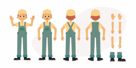 Cartoon male character in overalls and cap with separate body parts for animation and customization