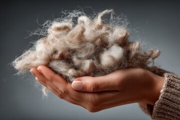 A person's hands gently cupped together, holding a large bundle of natural, unprocessed sheep's wool fiber, showcasing its soft, fluffy texture against a neutral background
