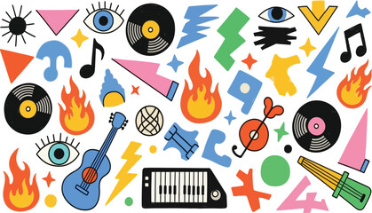 Vibrant collection of retro music and abstract doodle elements.