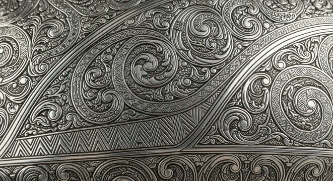 Detailed silver metalwork pattern with intricate floral scrolls.