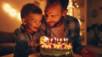 Father and son celebrating birthday with cake and candles